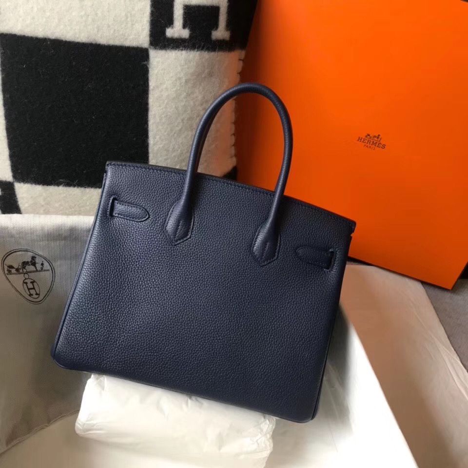 Hermes Birkin 30cm Bag In Dark Blue Clemence Leather GHW - Image 3