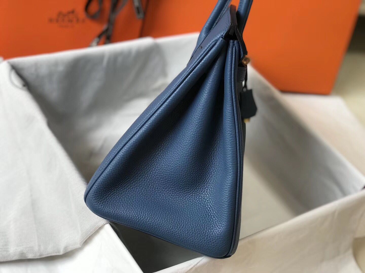 Hermes Birkin 35cm Bag In Blue Agate Clemence Leather GHW - Image 4