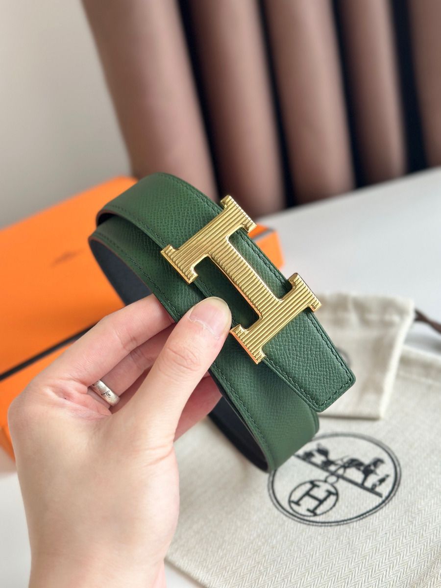 Hermes H Striee Reversible Belt 32MM in Green and Black Epsom Calfskin - Image 6