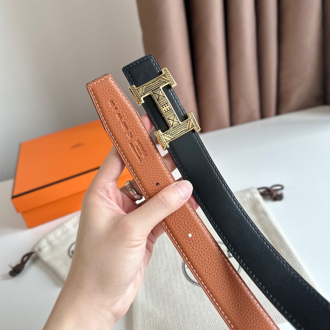 Hermes H Touareg Reversible Belt 32MM in Gold Clemence Leather - Image 5