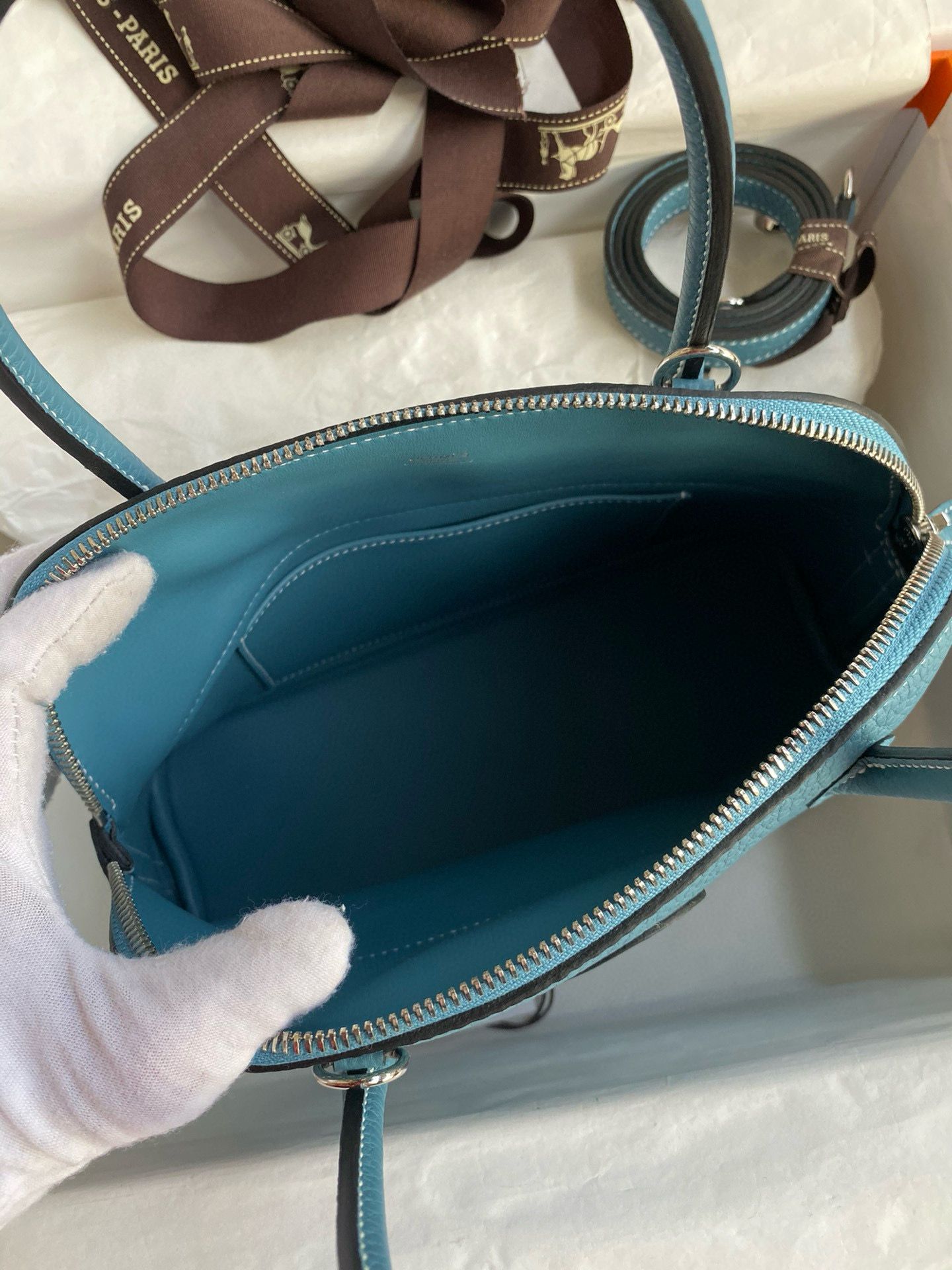 Hermes Bolide 1923 27 Handmade Bag in Blue Jean Clemence Calfskin - Image 9