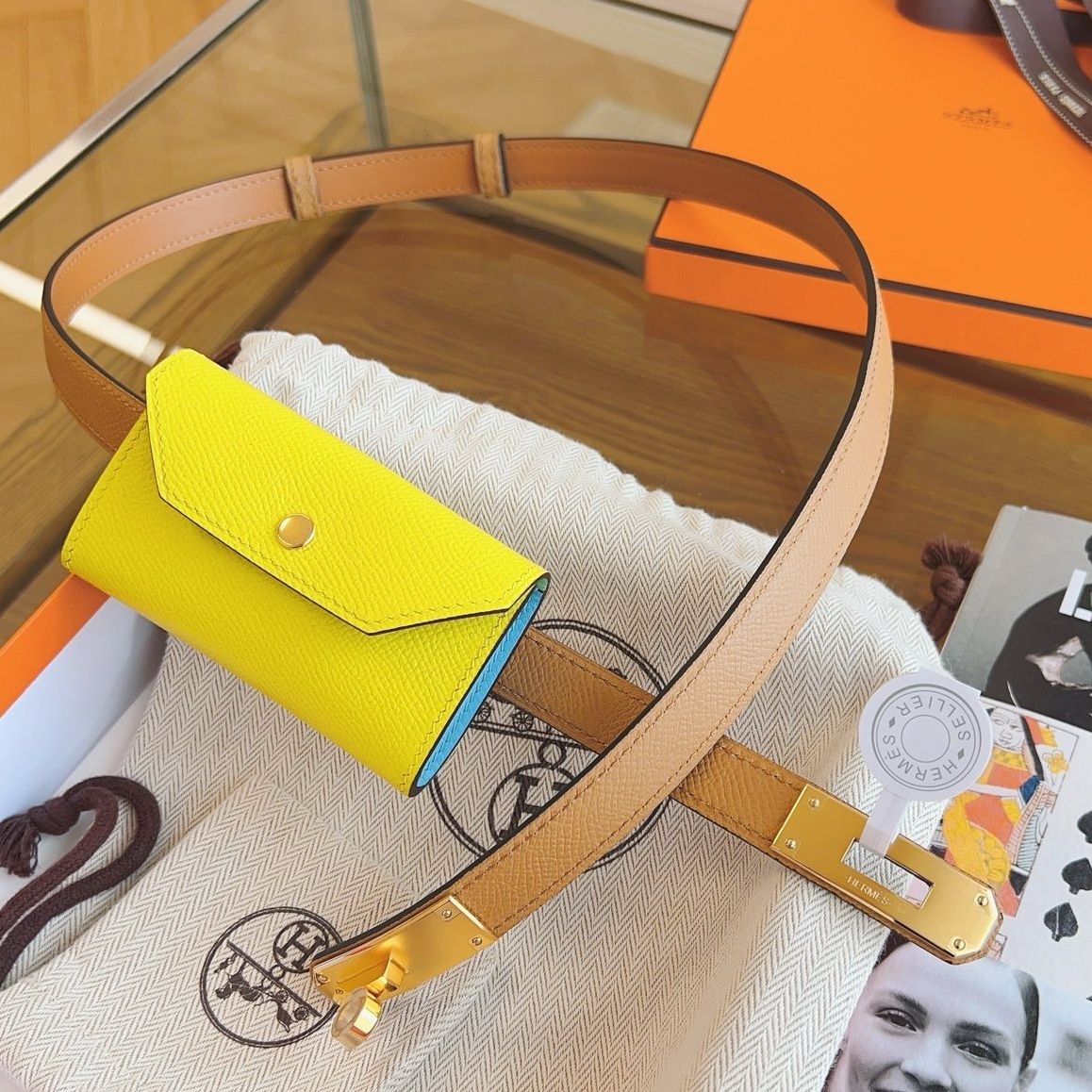 Hermes Kelly Pocket 18 Belt in Biscuit and Soufre Epsom Calfkin