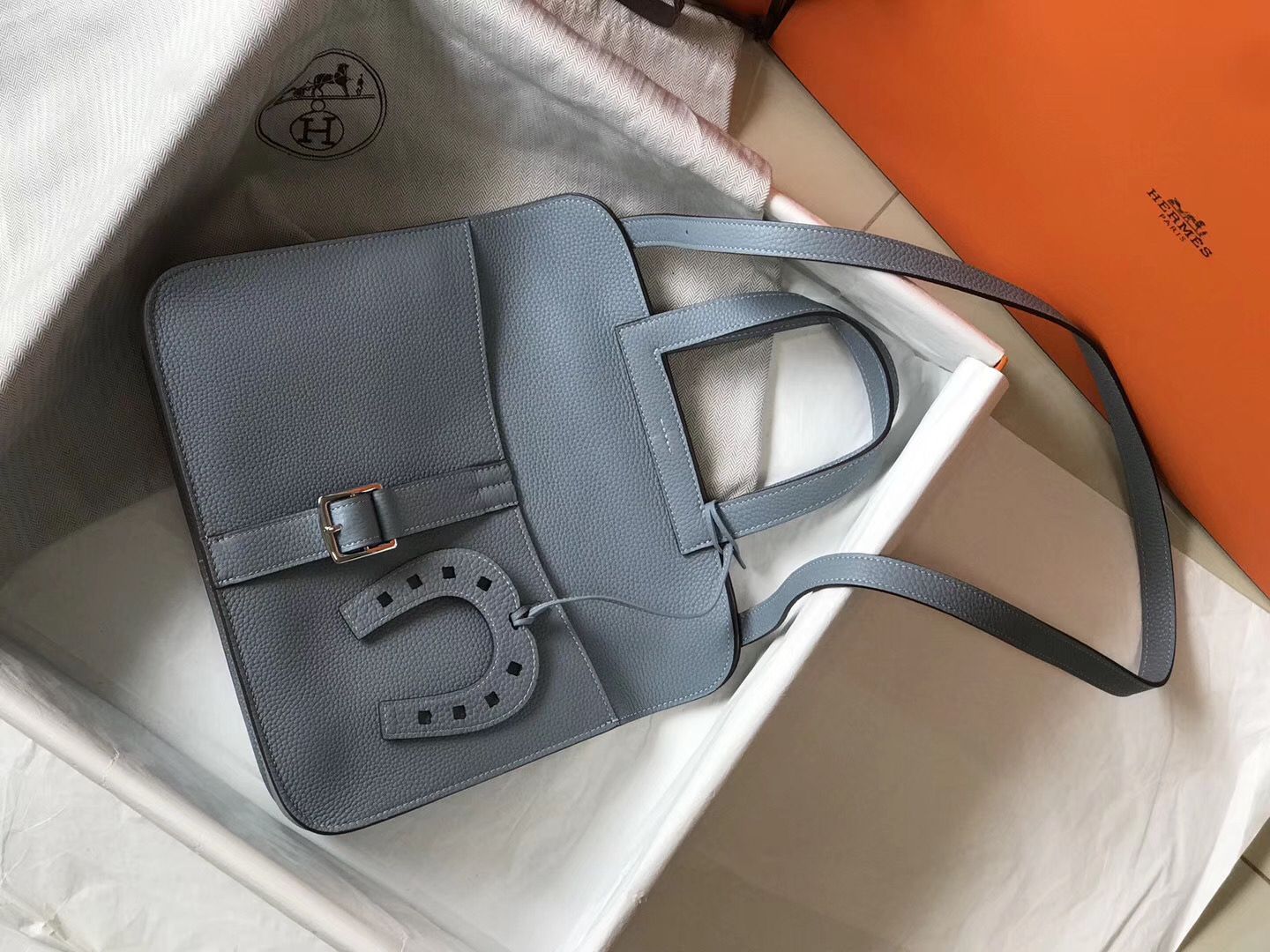 Hermes Halzan 31cm Bag In Blue Lin Clemence Leather - Image 7