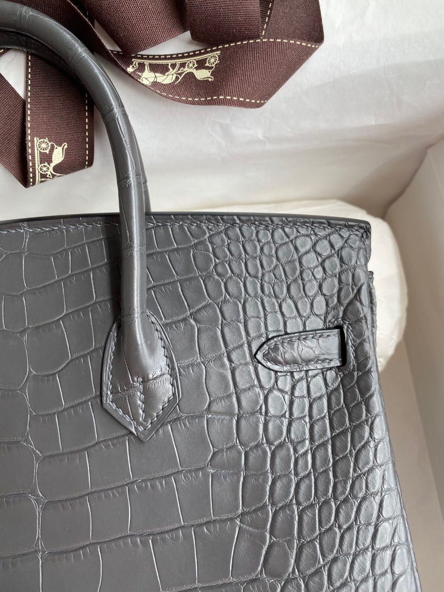 Hermes Birkin 25 Bag In Dark Grey Matte Alligator Crocodile Skin - Image 5