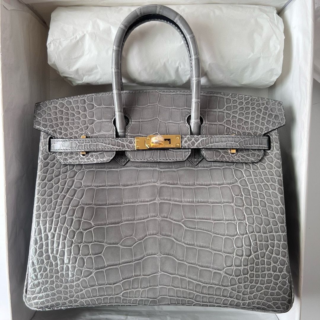 Hermes Birkin 25 Retourne Handmade Bag in Gris Ciment Shiny Alligator Leather - Image 9