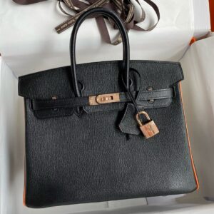 Hermes HSS Birkin 25 Bicolor Bag in Black and Orange Chevre Mysore Goatskin