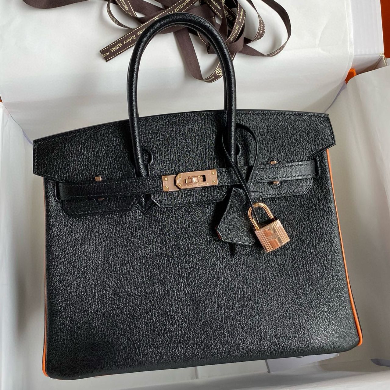 Hermes HSS Birkin 25 Bicolor Bag in Black and Orange Chevre Mysore Goatskin