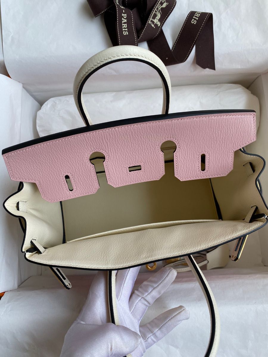 Hermes HSS Birkin 25 Bicolor Bag in Pink and Craie Chevre Mysore Leather - Image 8