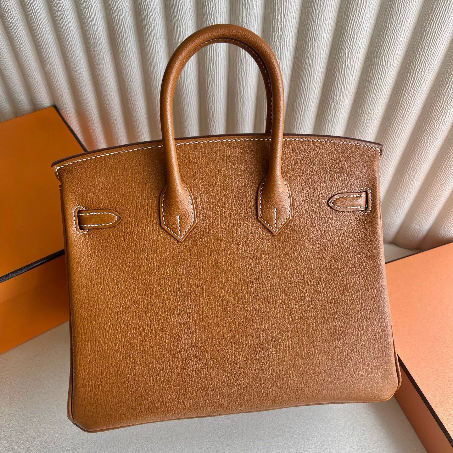 Hermes Birkin 25 Retourne Handmade Bag in Gold Chevre Mysore Goatskin - Image 8