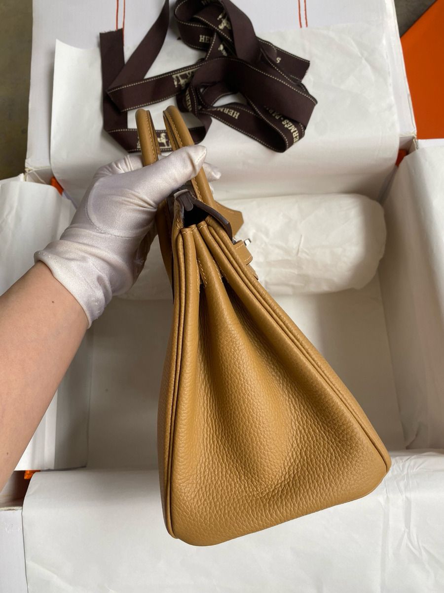 Hermes Birkin 25 Retourne Handmade Bag In Biscuit Clemence Leather - Image 6