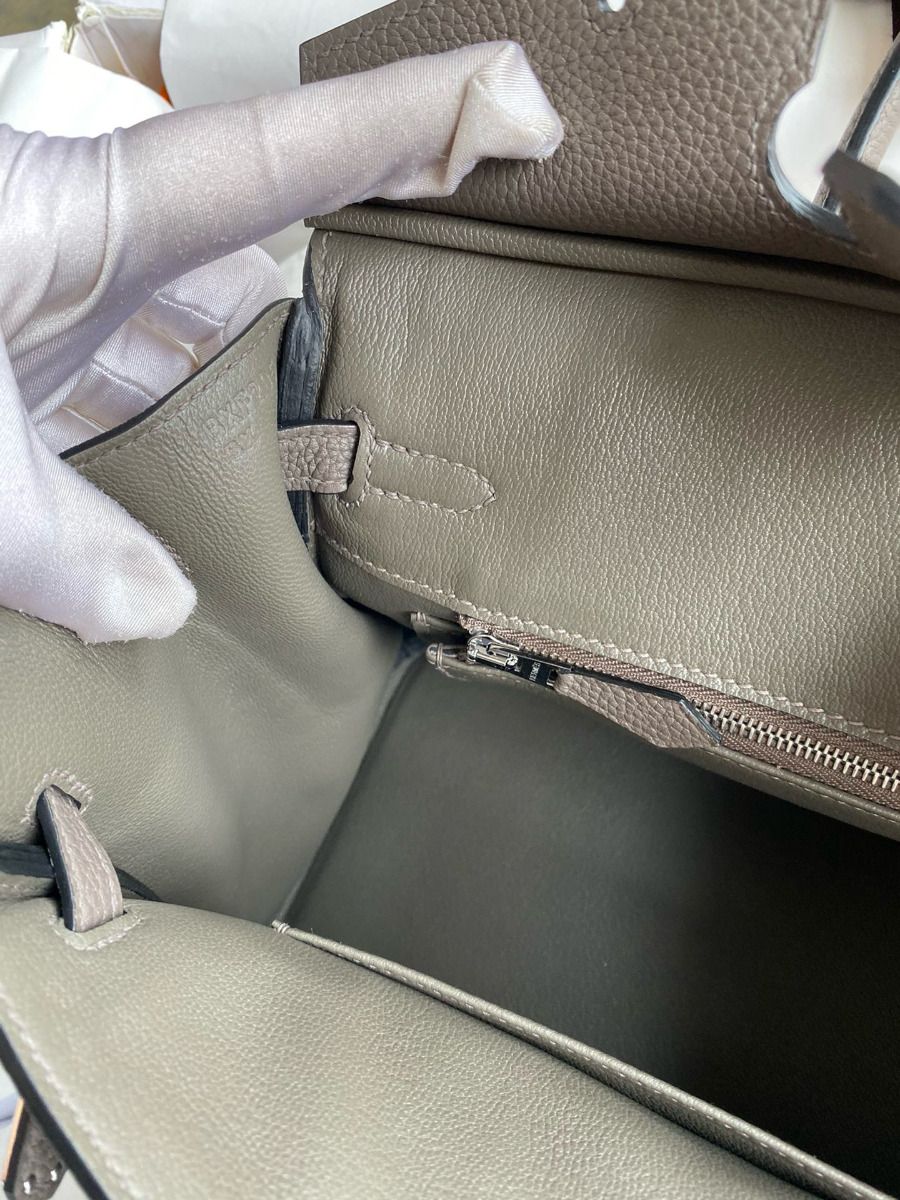 Hermes Birkin 25 Retourne Handmade Bag In Etain Clemence Leather - Image 10