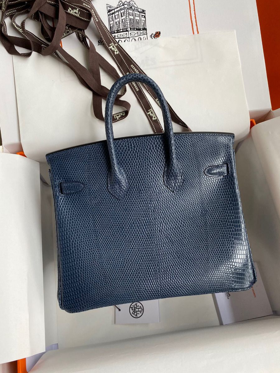 Hermes Birkin 25 Retourne Handmade Bag In Blue Saphir Lizard Leather - Image 3