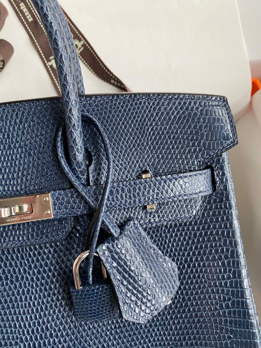 Hermes Birkin 25 Retourne Handmade Bag In Blue Saphir Lizard Leather - Image 4