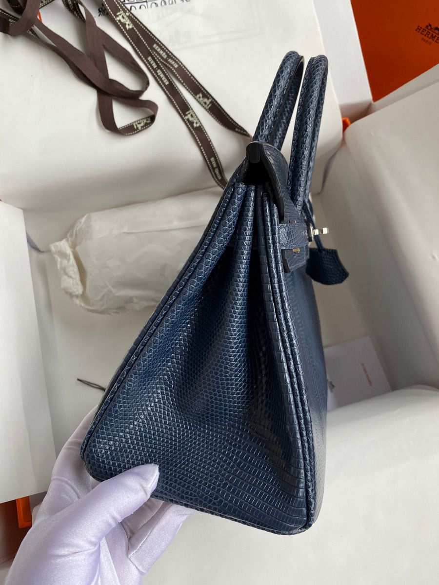 Hermes Birkin 25 Retourne Handmade Bag In Blue Saphir Lizard Leather - Image 6