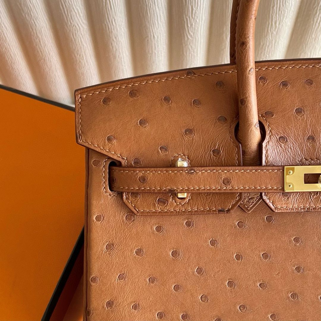 Hermes Birkin 25 Retourne Handmade Bag in Gold Ostrich Leather - Image 3