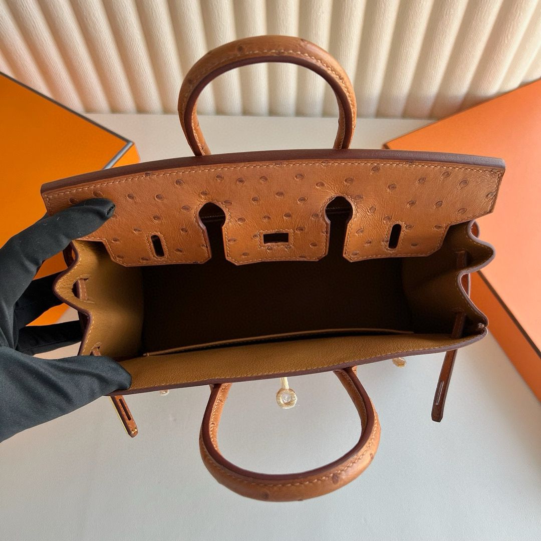 Hermes Birkin 25 Retourne Handmade Bag in Gold Ostrich Leather - Image 4