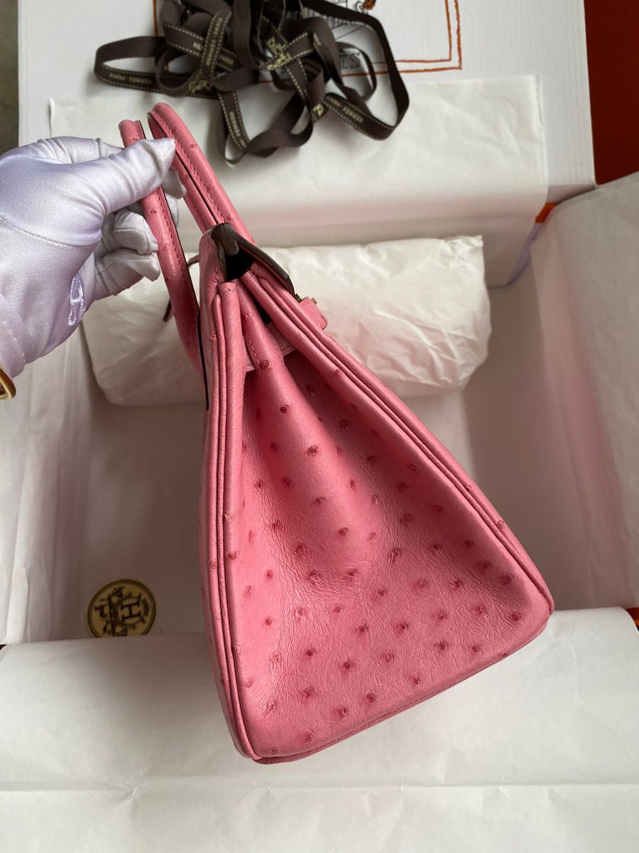 Hermes Birkin 25 Retourne Handmade Bag In Pink Ostrich Leather - Image 6