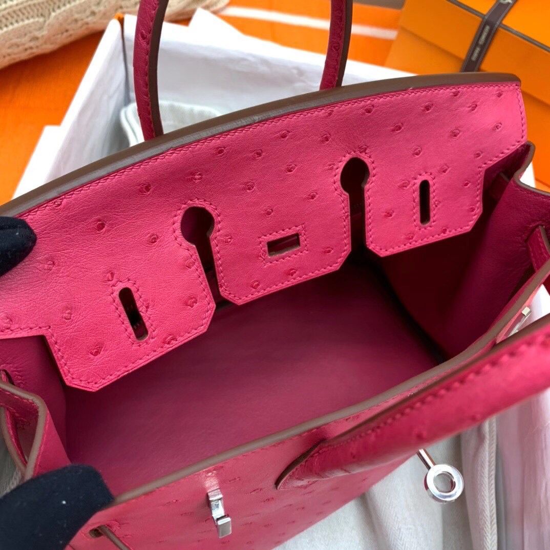 Hermes Birkin 25 Handmade Bag In Rose Red Ostrich Leather - Image 9