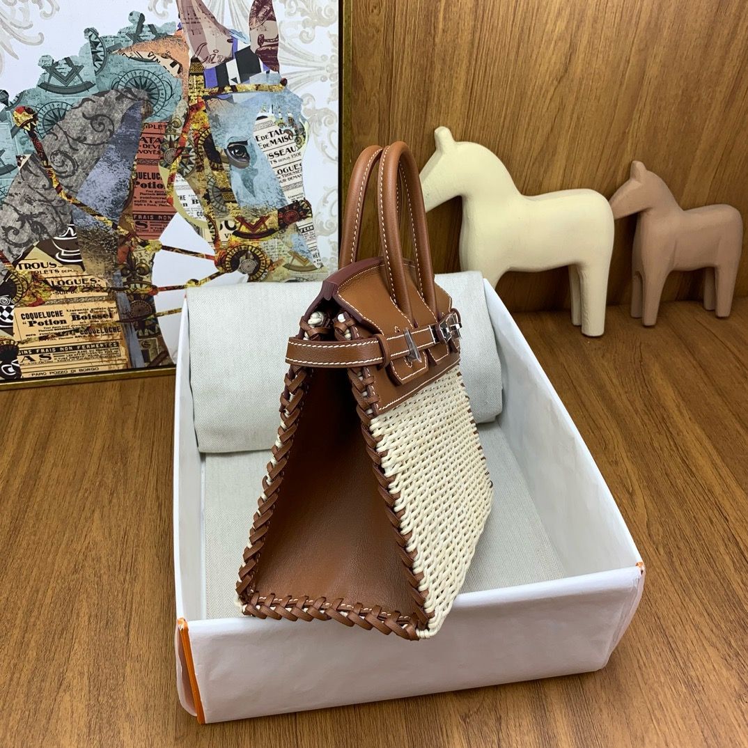 Hermes Picnic Birkin 25 Bag in Wicker with Gold Swift Calfskin - Image 10