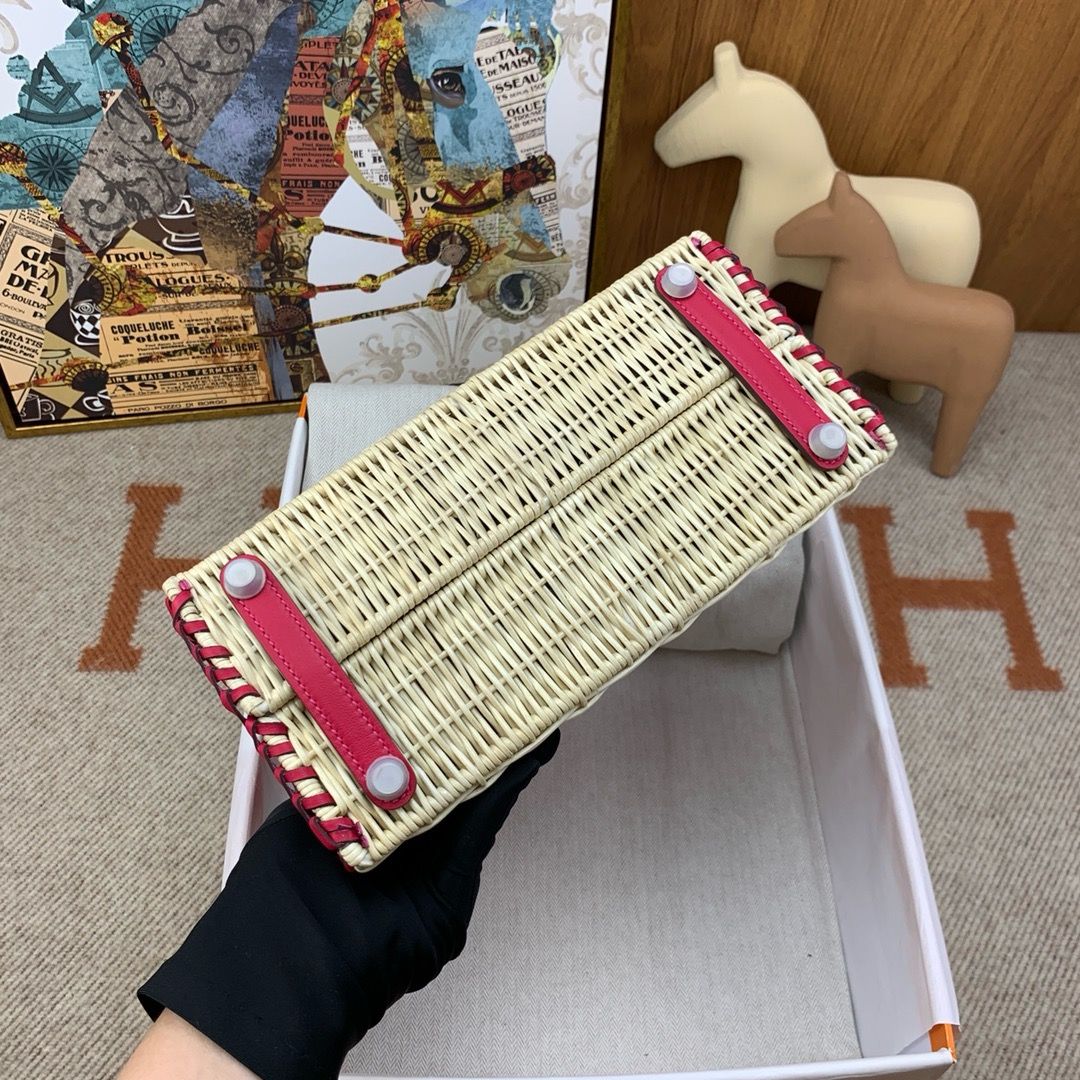 Hermes Picnic Birkin 25 Bag in Wicker with Framboise Swift Calfskin - Image 7