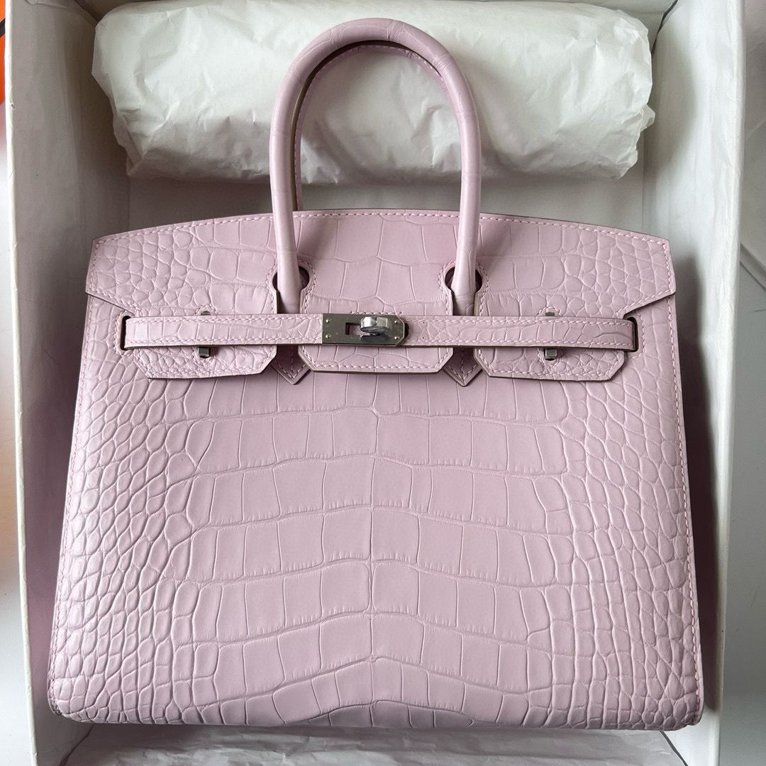 Hermes Birkin 25 Sellier Handmade Bag in Mauve Pale Matte Alligator Leather - Image 9