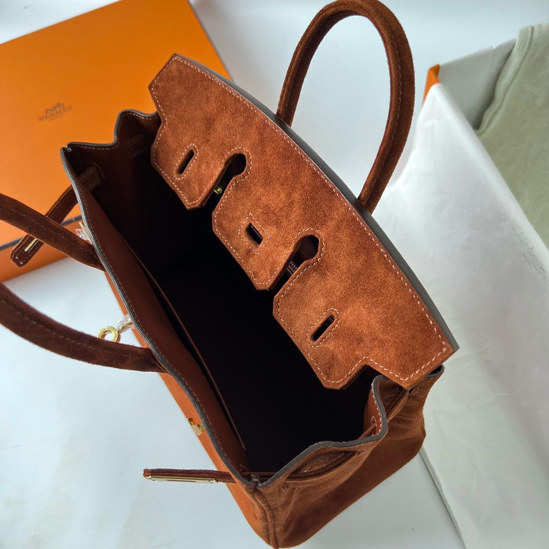Hermes Birkin 25 Retourne Handmade Bag In Brown Doblis Suede Leather - Image 9