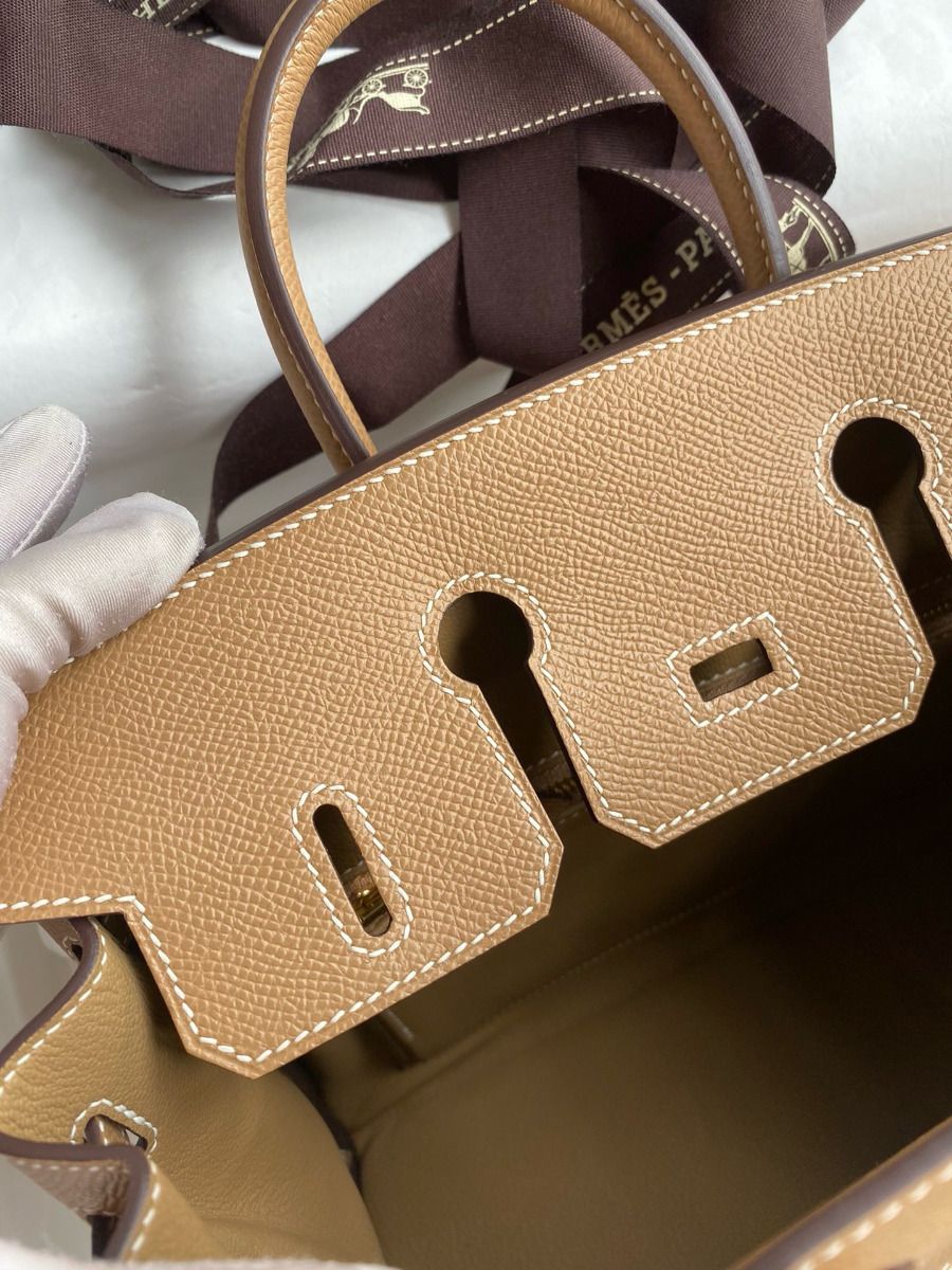 Hermes Birkin 25 Handmade Bag In Toile & Chai Epsom Leather - Image 9