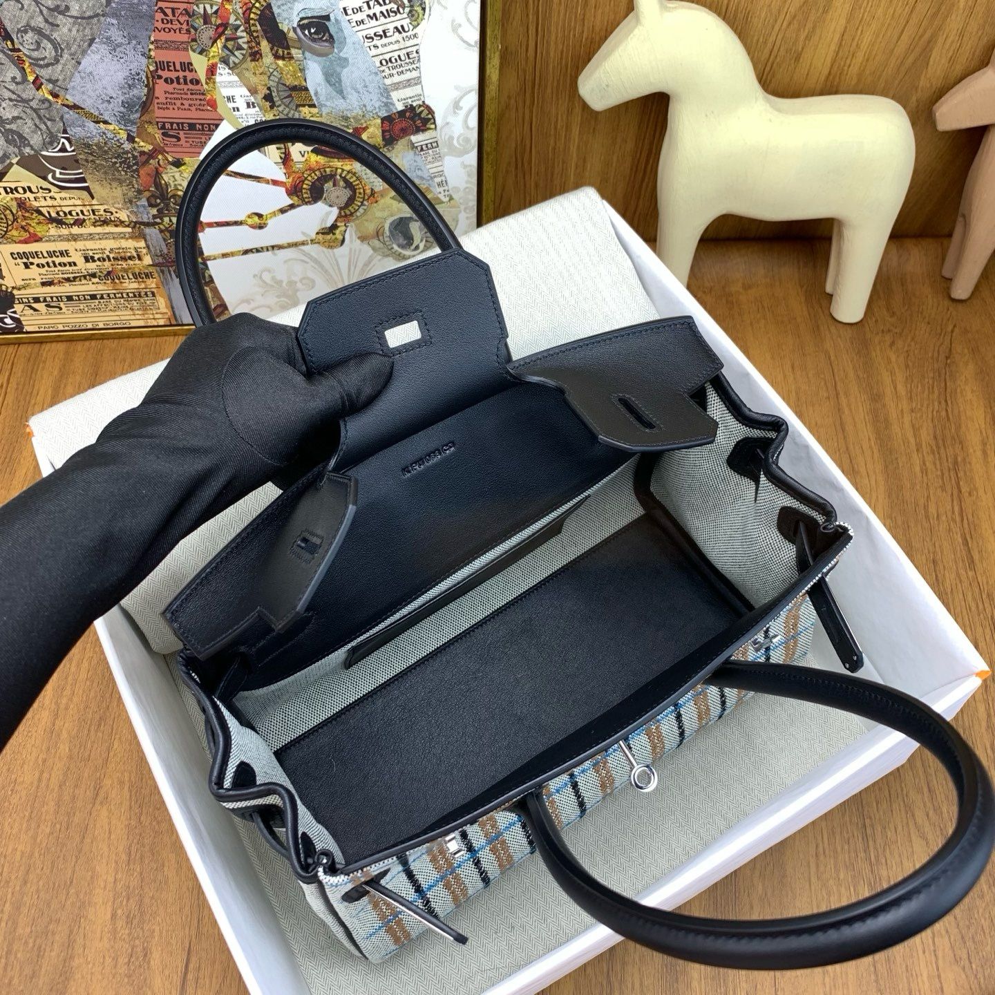 Hermes Shoulder Birkin Light 29 Bag in Toile and Black Swift Calfskin - Image 8