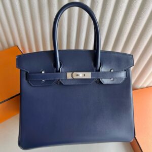 Hermes Birkin 30 Retourne Handmade Bag in Blue Saphir Box Calfskin