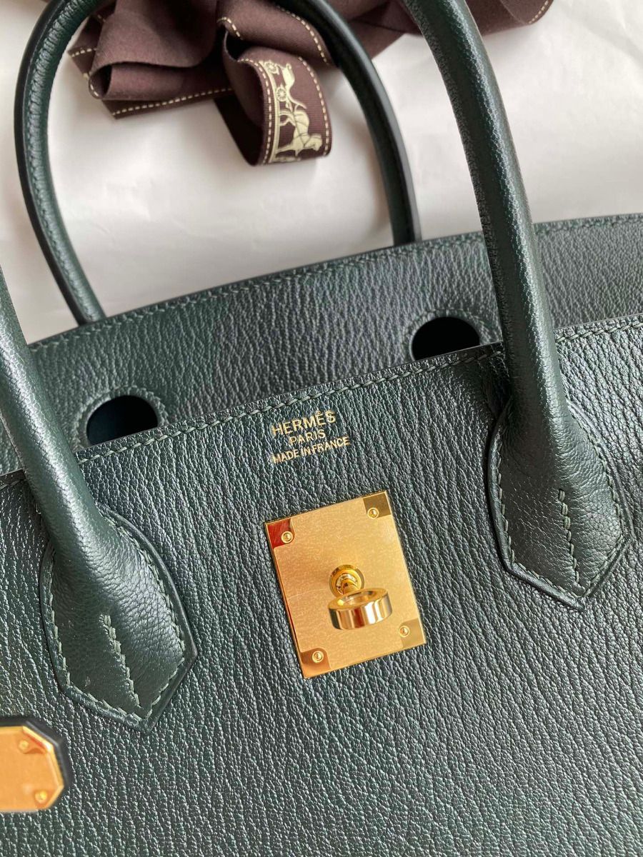 Hermes Birkin 30 Retourne Handmade Bag In Vert Cypres Chevre Mysore Leather - Image 7