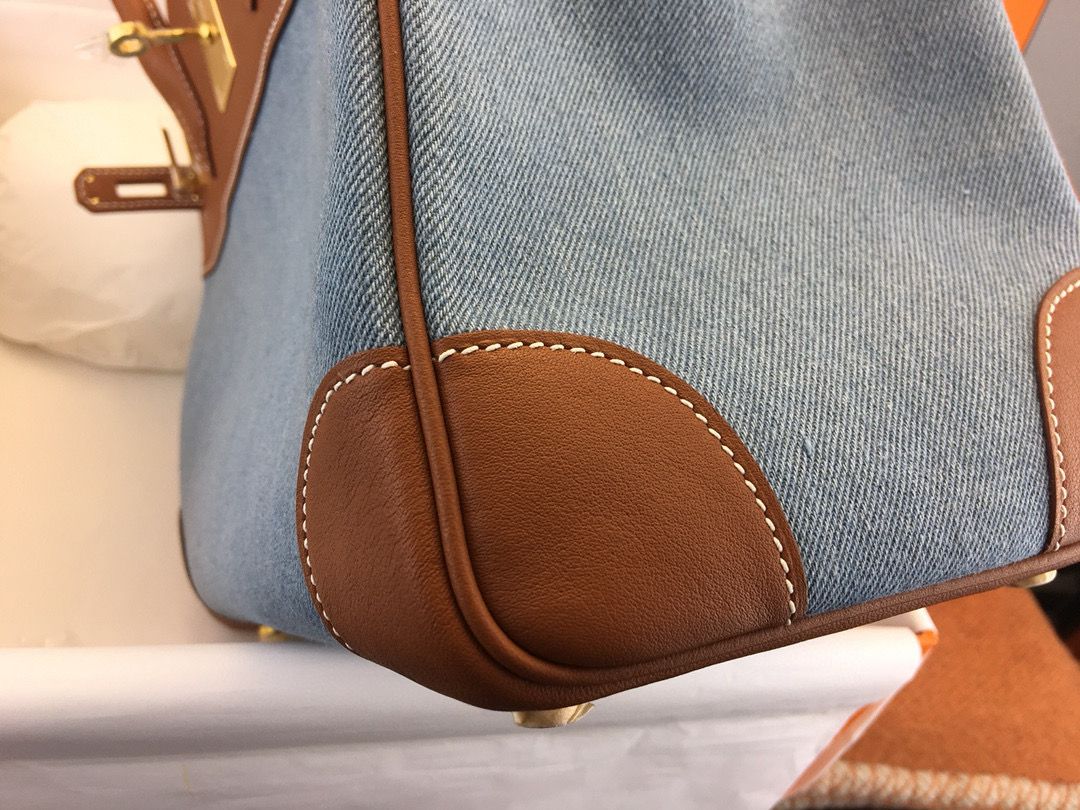 Hermes Birkin 30 Handmade Bag in Denim & Gold Swift Leather - Image 10