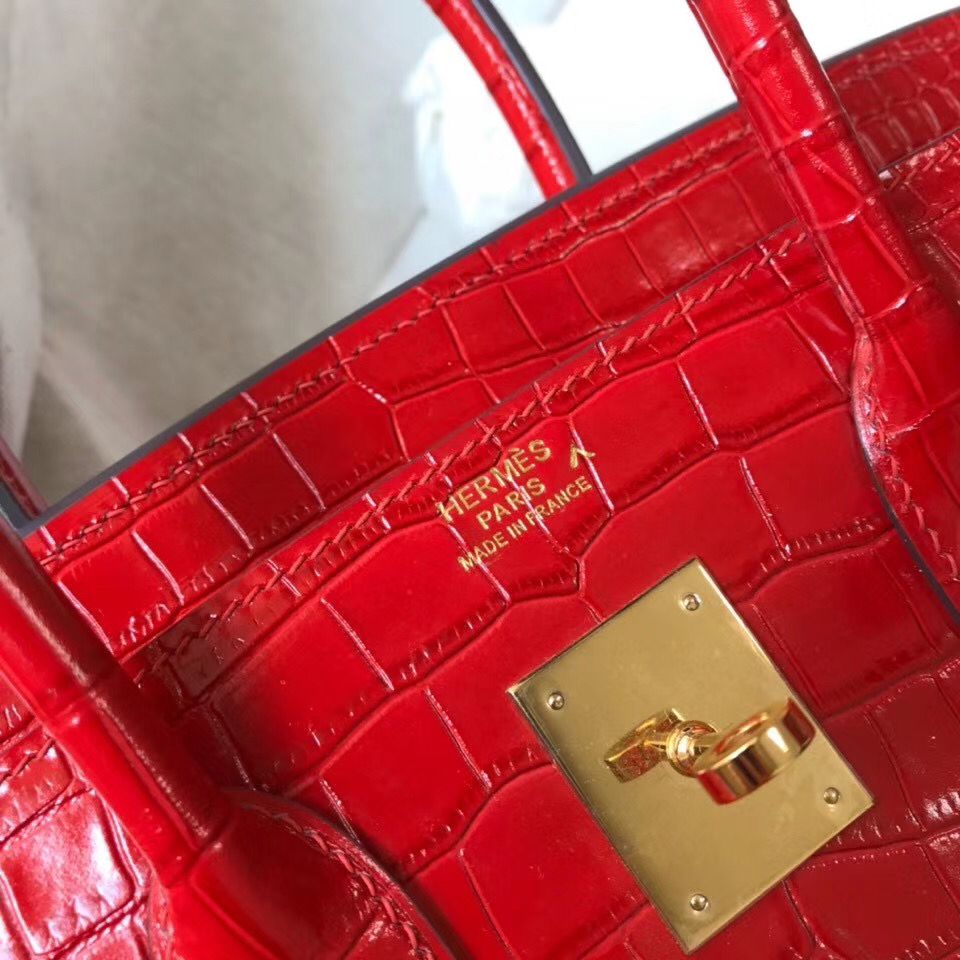Hermes Birkin 30cm Bag In Red Embossed Crocodile Leather - Image 6