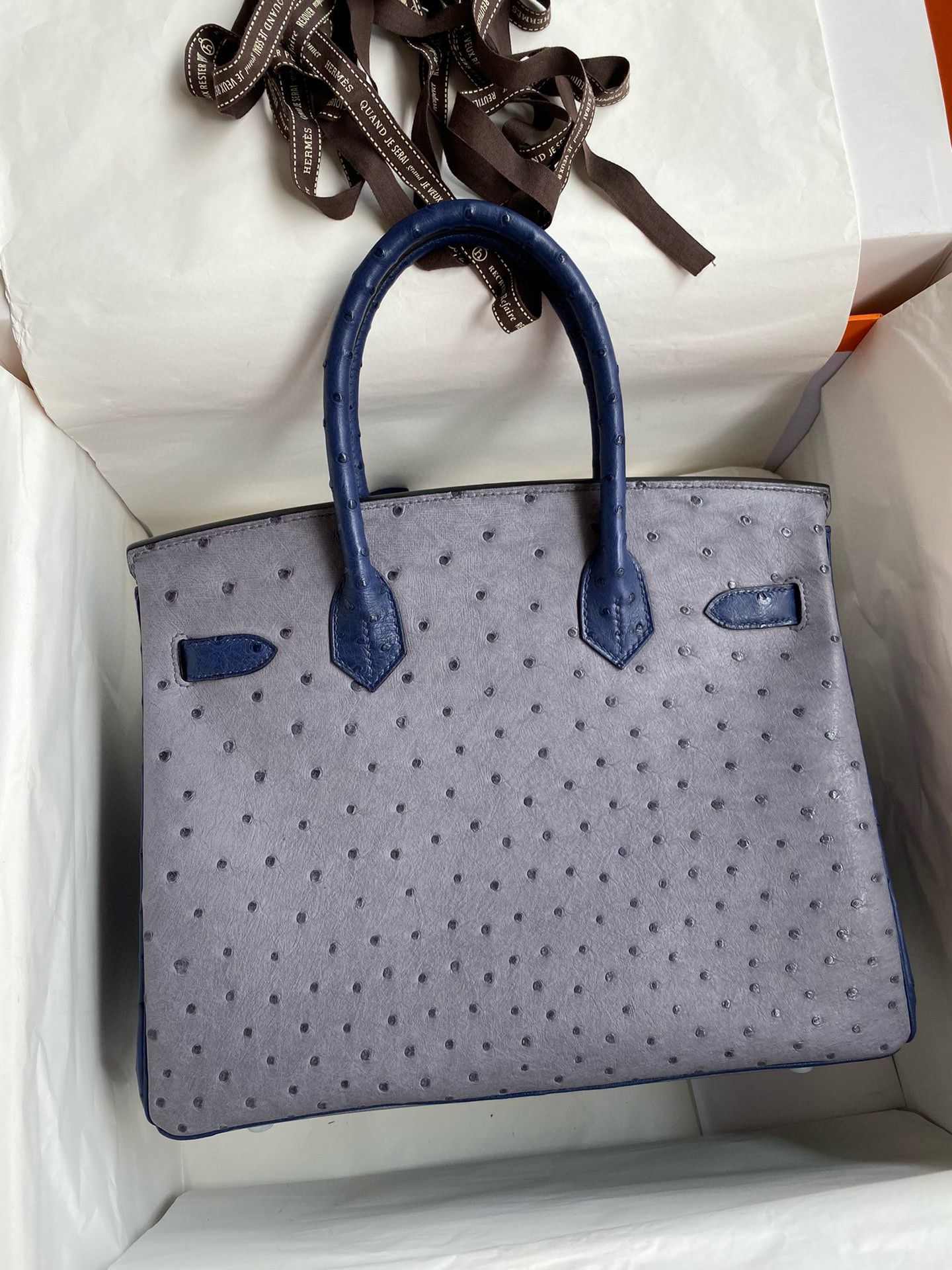 Hermes HSS Birkin 30 Bicolor Bag in Gris Agate and Blue Iris Ostrich Leather - Image 3