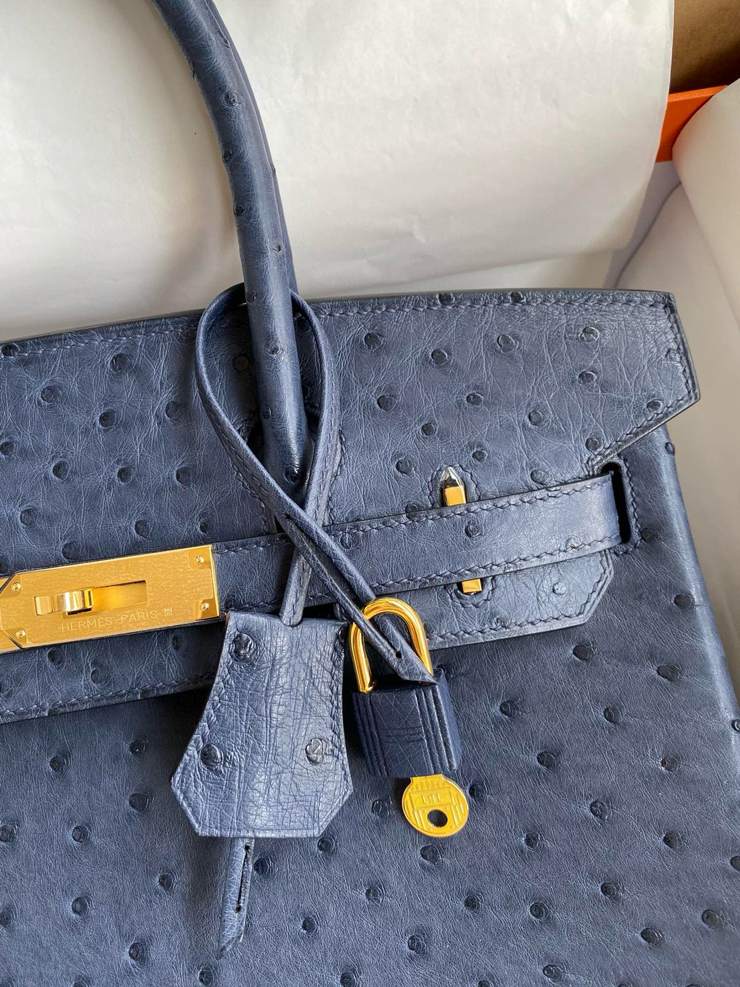 Hermes Birkin 30 Retourne Handmade Bag In Blue de Malte Ostrich Leather - Image 4
