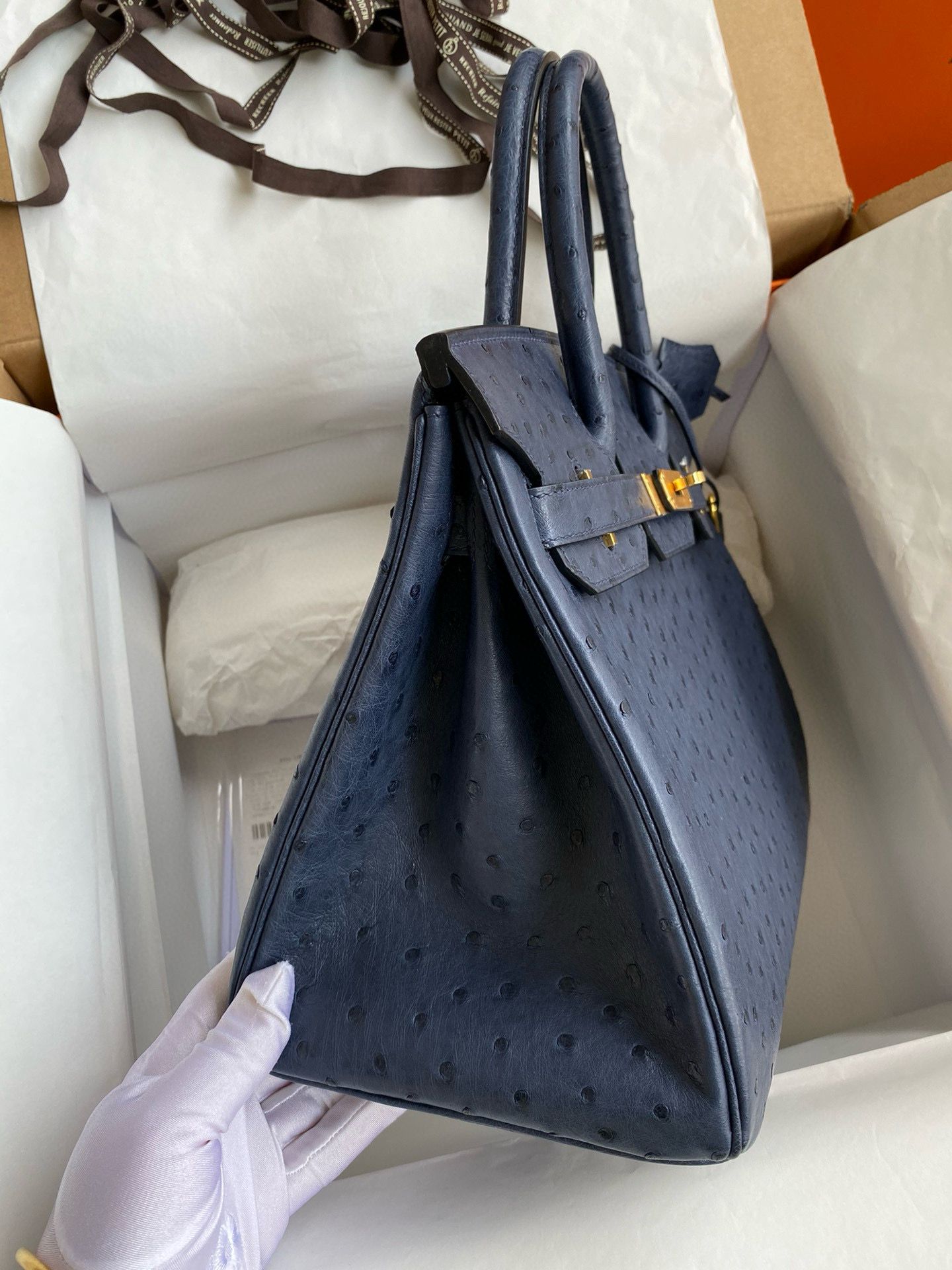 Hermes Birkin 30 Retourne Handmade Bag In Blue de Malte Ostrich Leather - Image 6