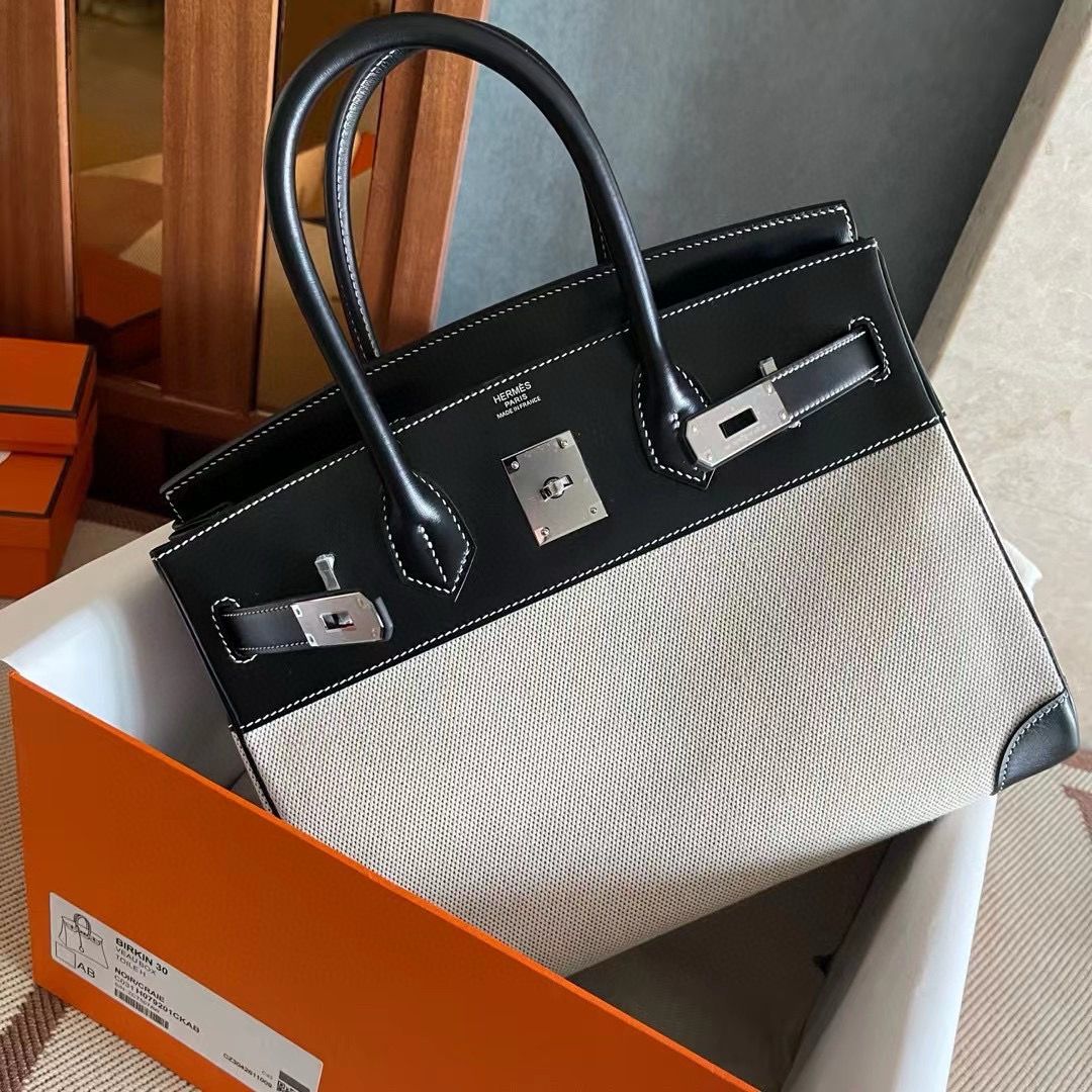 Hermes Birkin 30 Handmade Bag in Toile & Black Box Calfskin - Image 4