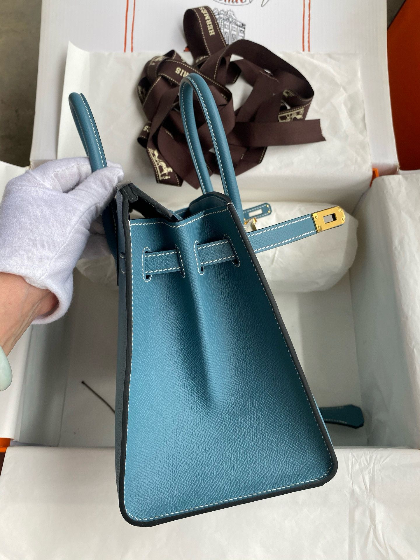 Hermes Birkin 25 Sellier Handmade Bag in Blue Jean Epsom Calfskin - Image 6