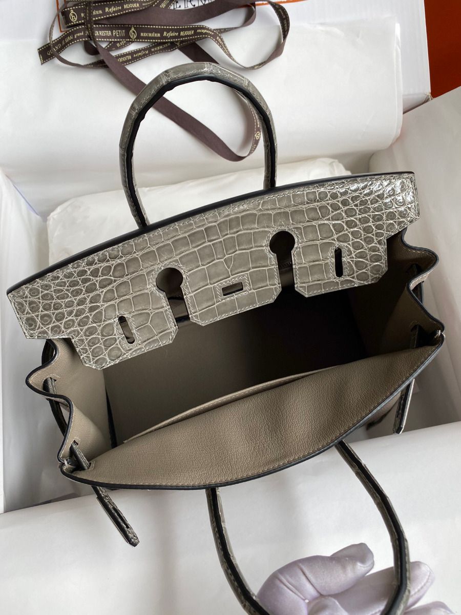 Hermes Touch Birkin 25 Bag In Gris Asphalt Shiny Niloticus Crocodile Skin - Image 7