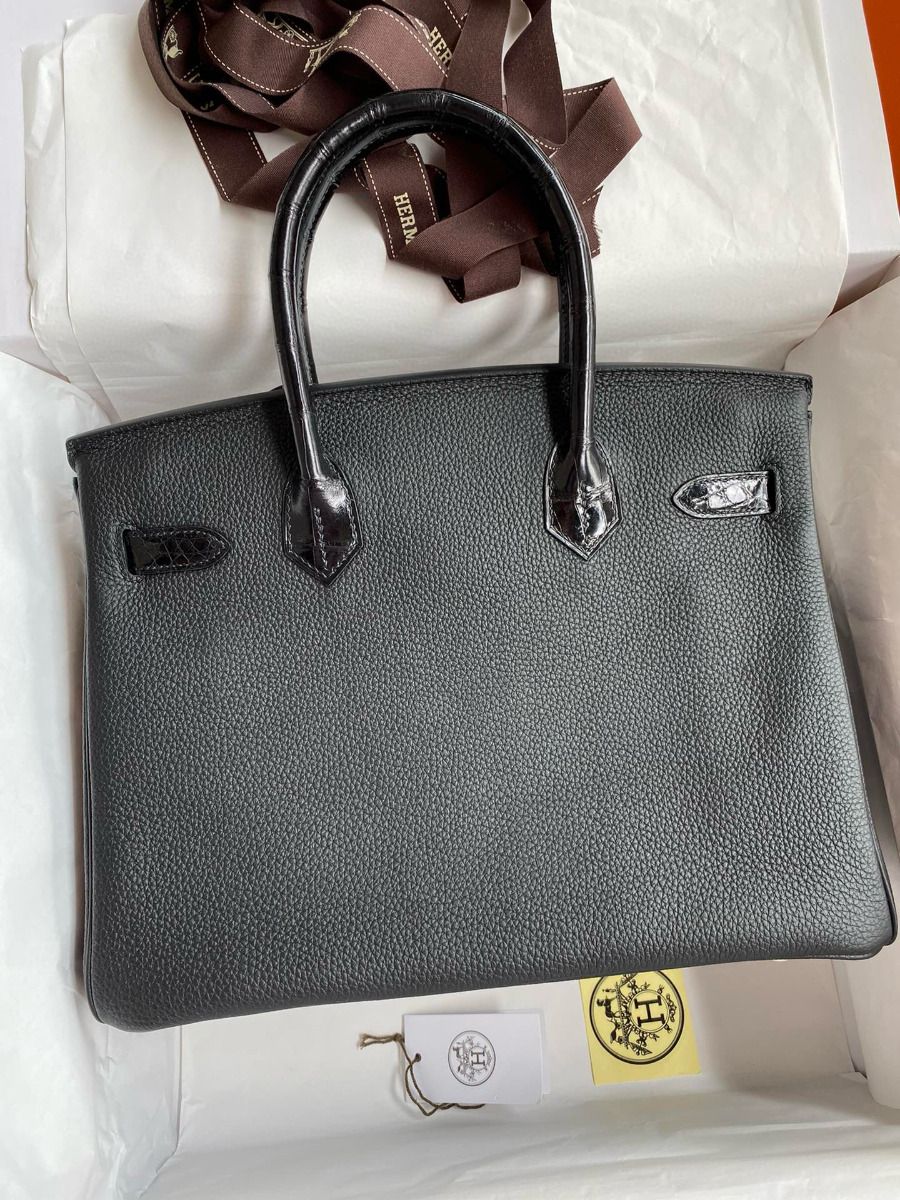 Hermes Touch Birkin 30 Bag In Black Clemence and Shiny Niloticus Crocodile Skin - Image 3