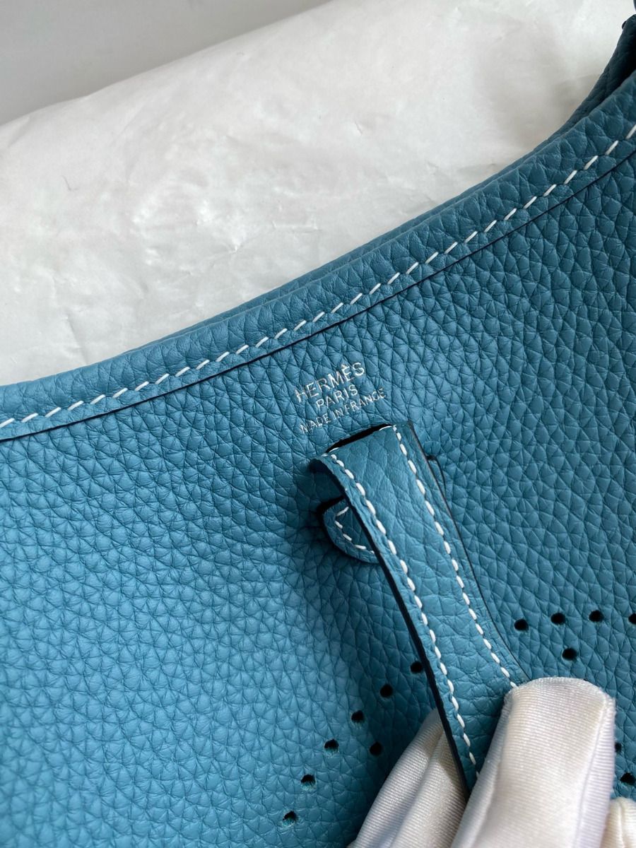 Hermes Evelyne Mini Handmade Bag in Blue Jean Clemence Leather - Image 7