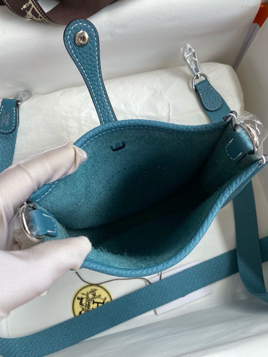 Hermes Evelyne Mini Handmade Bag in Blue Jean Clemence Leather - Image 9