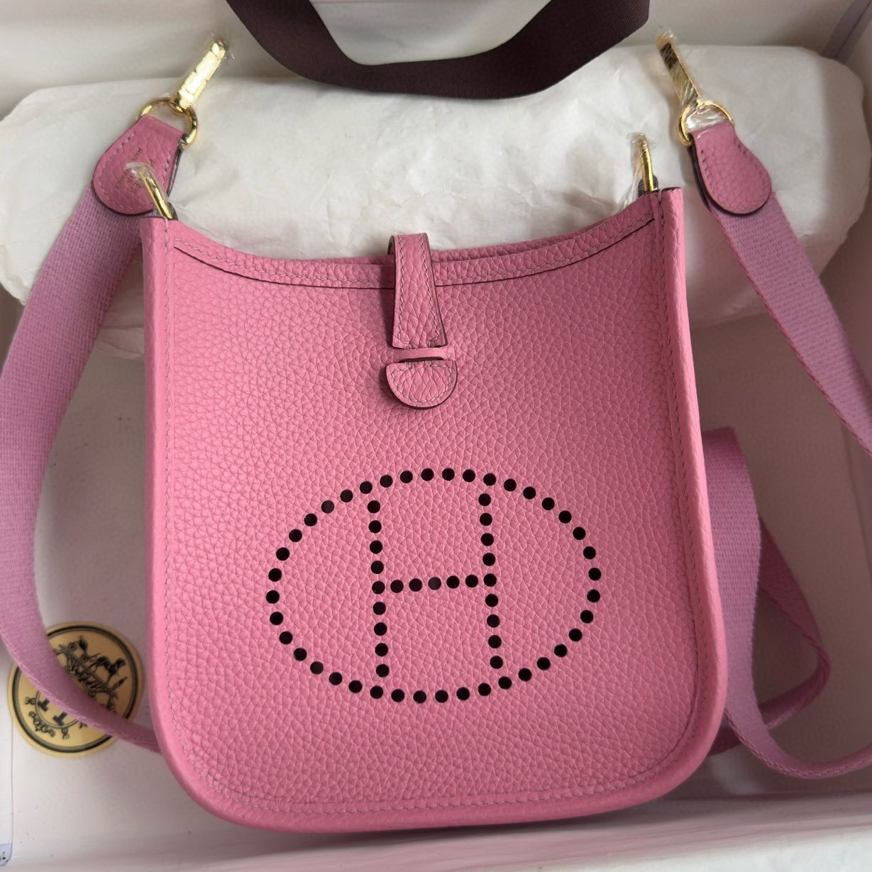 Hermes Evelyne Mini Handmade Bag in Rose Sakura Clemence Leather