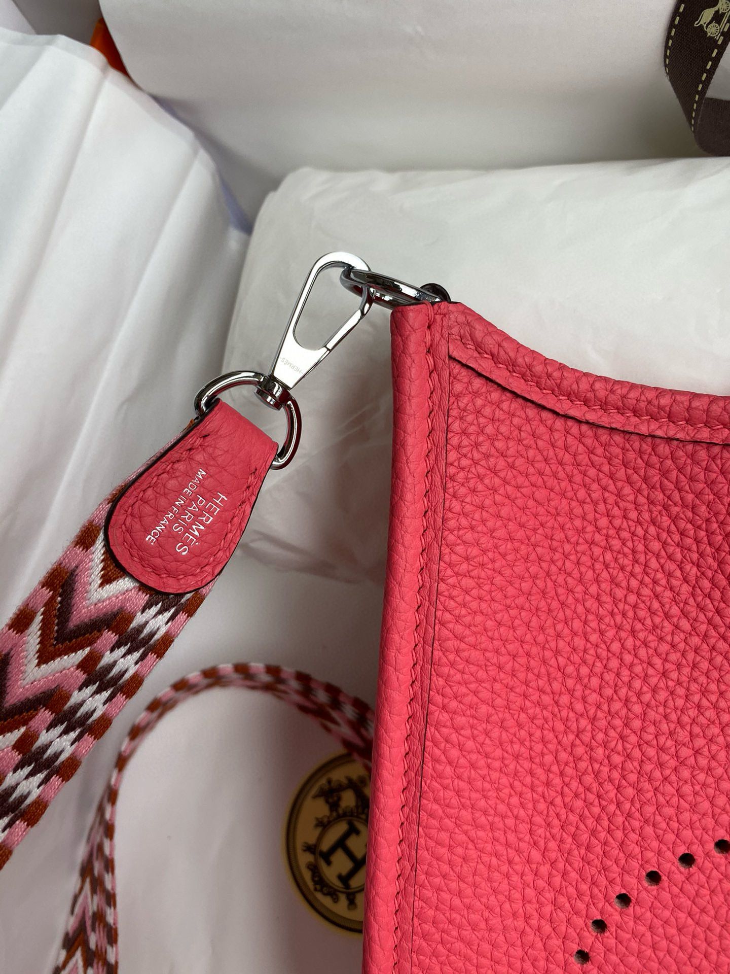 Hermes Evelyne Mini Handmade Bag in Rose Lipstick Clemence Leather - Image 7