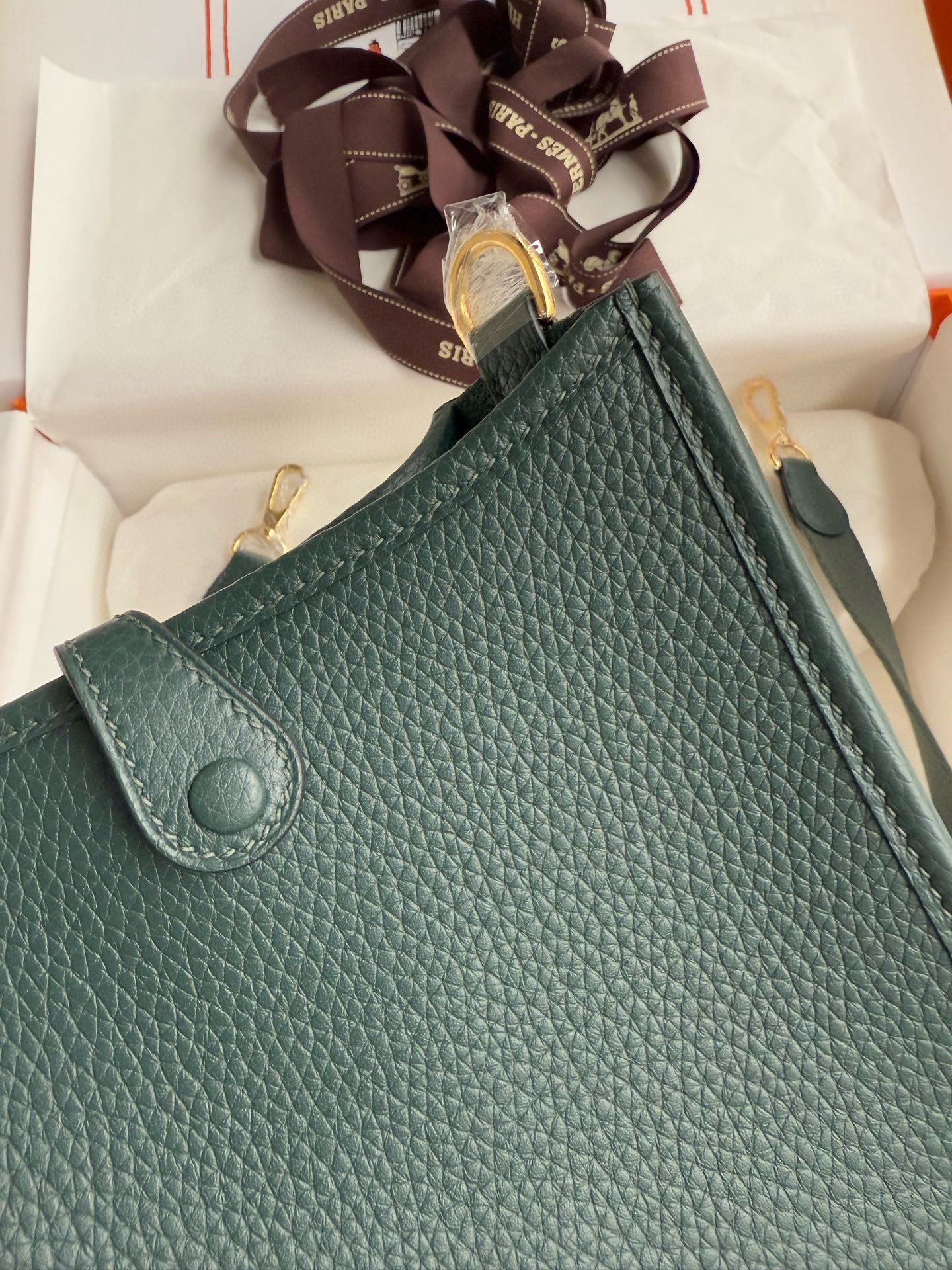 Hermes Evelyne Mini Handmade Bag in Vert Cypres Clemence Leather - Image 8