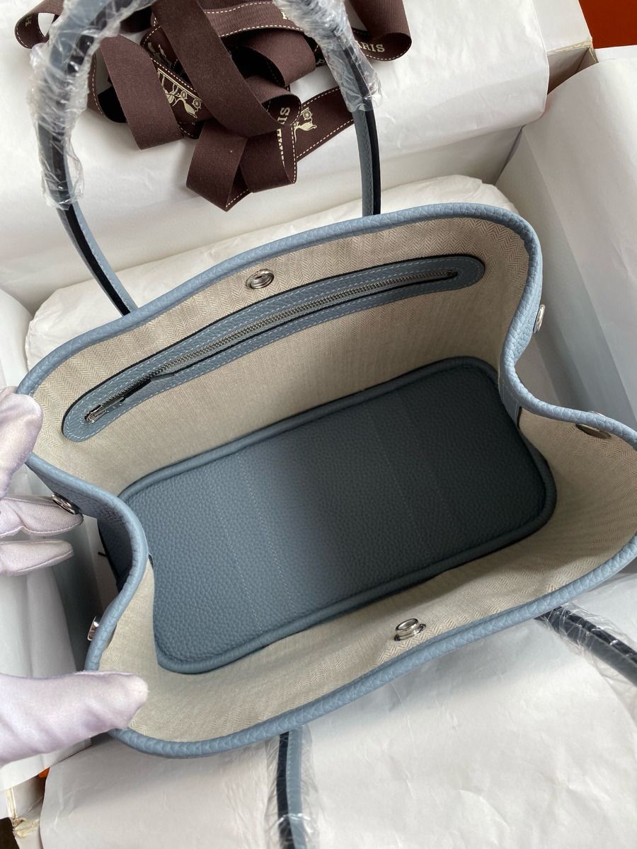 Hermes Garden Party 30 Handmade Bag in Blue Lin Clemence Leather - Image 7