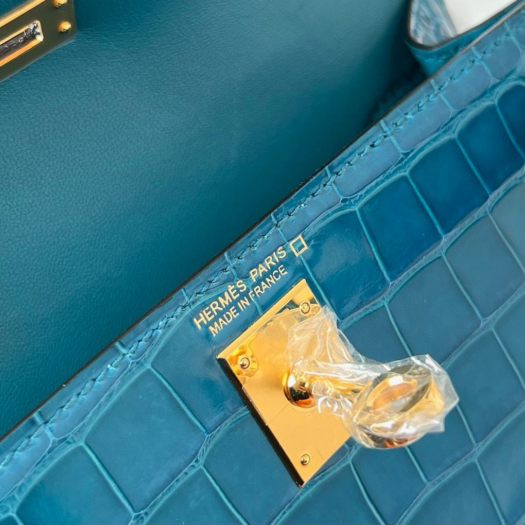 Hermes Kelly Mini II Sellier Handmade Bag in Blue Izmir Shiny Alligator Leather - Image 8