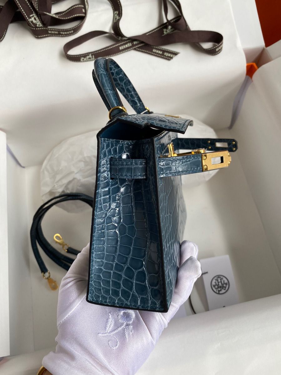 Hermes Kelly Mini II Sellier Handmade Bag In Blue Jean Shiny Alligator Leather - Image 7