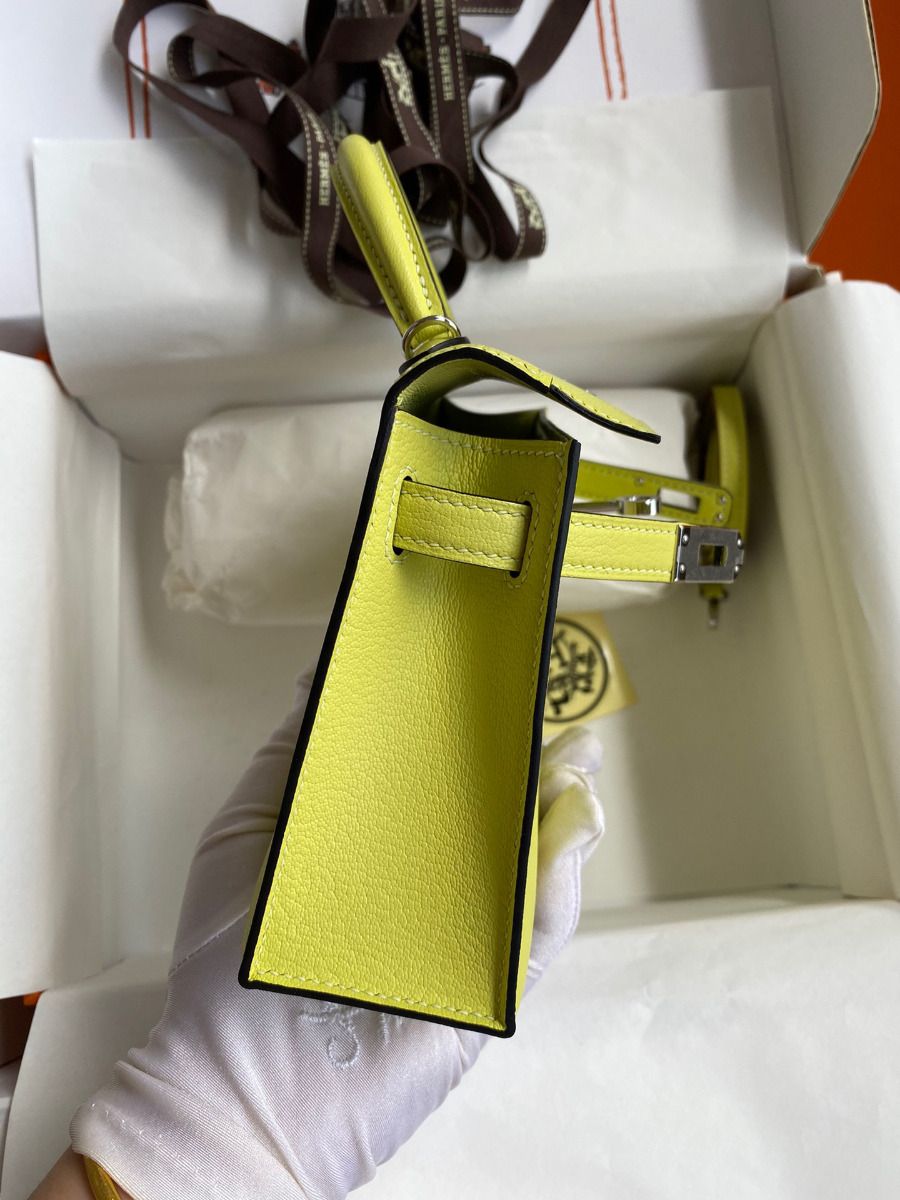 Hermes Kelly Mini II Sellier Handmade Bag In Jaune Bourgeon Chevre Mysore Leather - Image 8