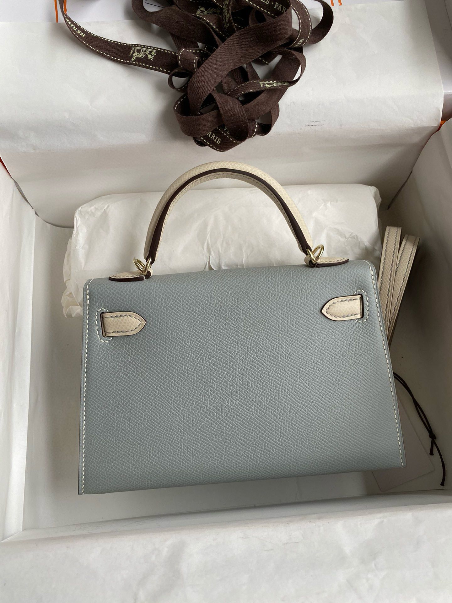 Hermes Kelly Mini II Sellier Bicolor Handmade Bag in Blue Lin and Craie Epsom Calfskin - Image 3