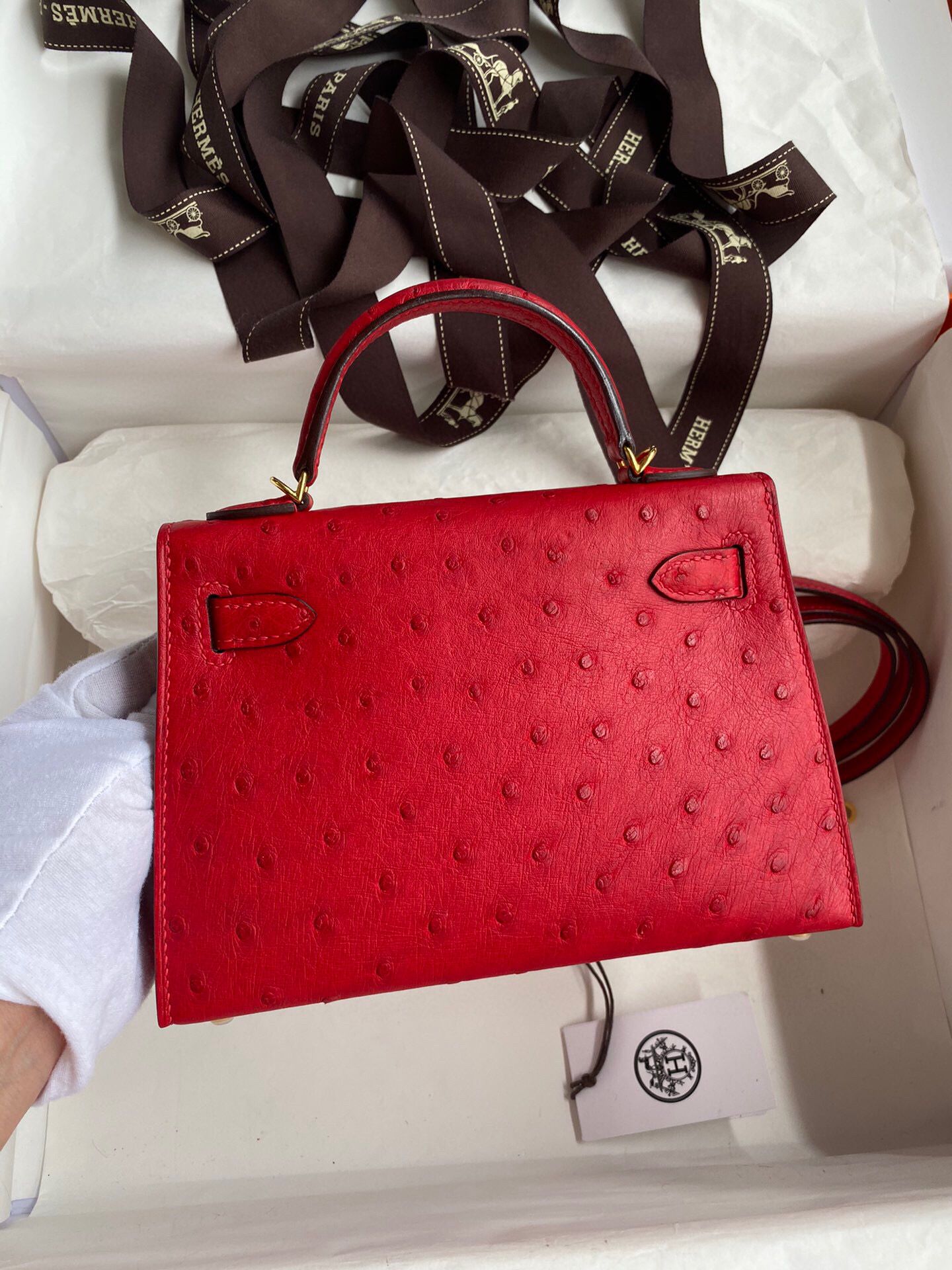 Hermes Kelly Mini II Sellier Handmade Bag In Red Ostrich Leather - Image 3